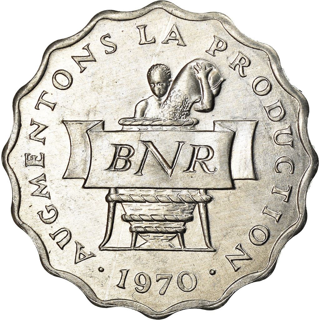 Rwanda | 2 Francs Coin | Farmer | Granary | F.A.O. | FAO | Km:10 | 1970