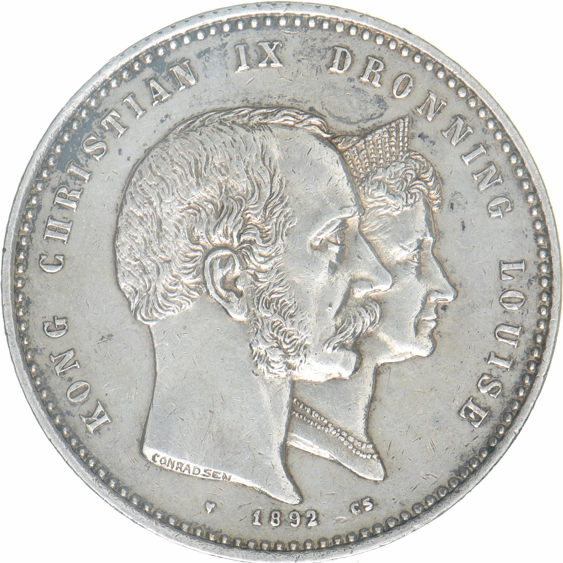 Denmark 2 kroner, 1892 Golden Wedding Anniversary
