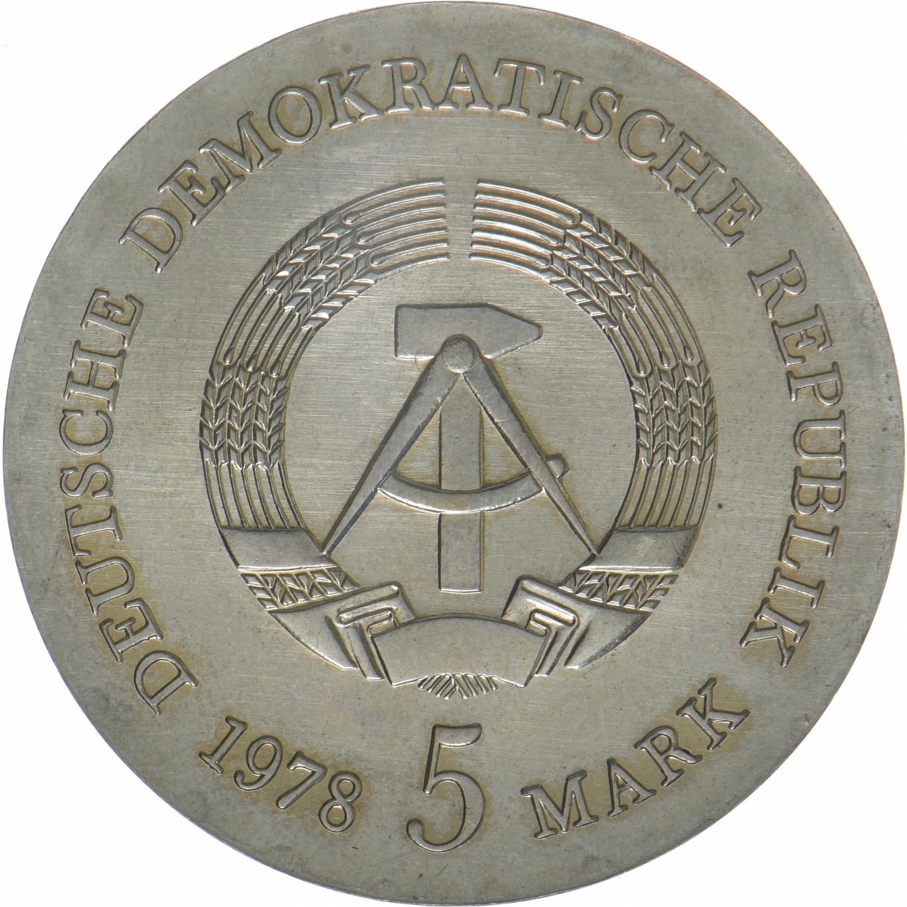 German Democratic Republic | 5 Mark Coin | Friedrich Gottlieb Klopstock | KM:67 | 1978