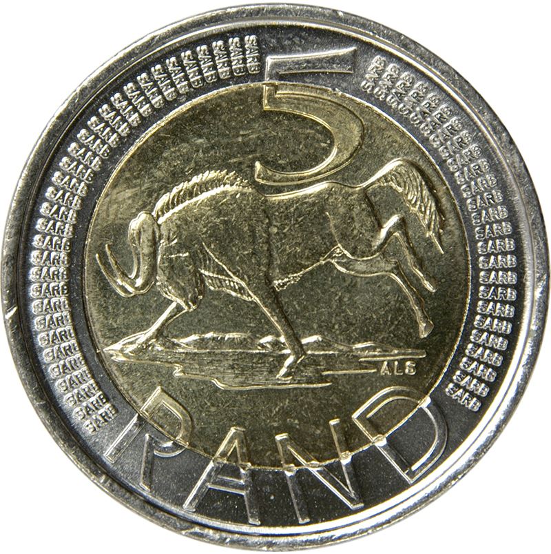 South Africa | 5 Rand Coin | Animals | Wildebeest | Gnu | Km:446 | 2008