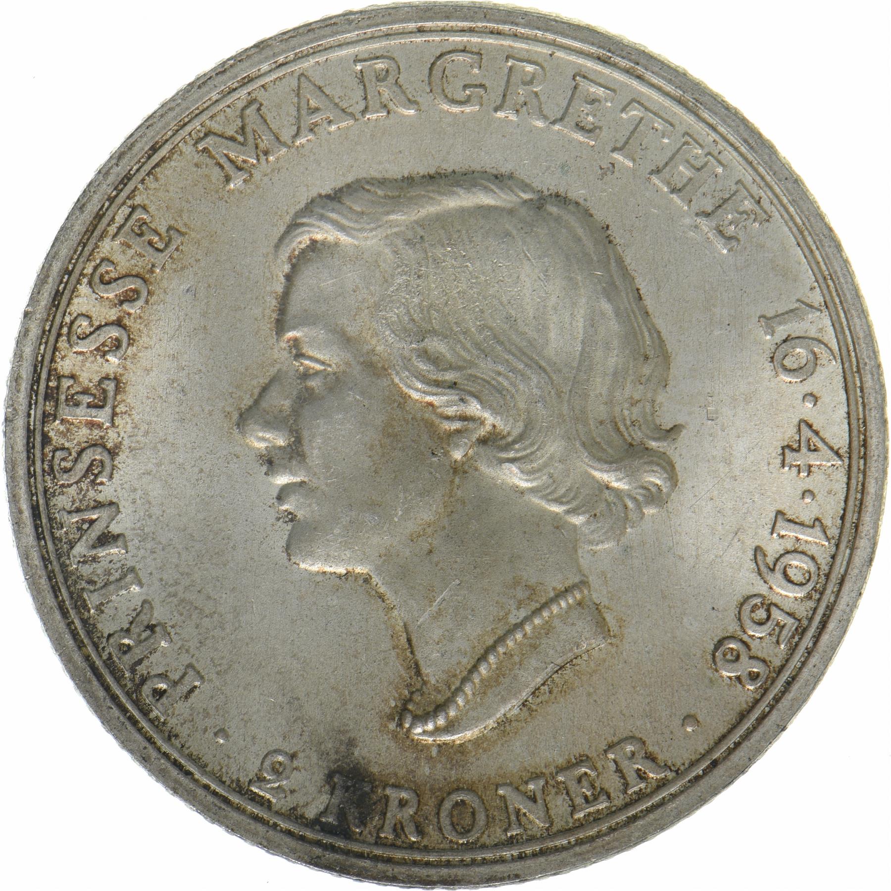 Denmark | 2 Kroner Coin | Silver | Princess Margrethe's 18th Birthday | KM:845 | 1958