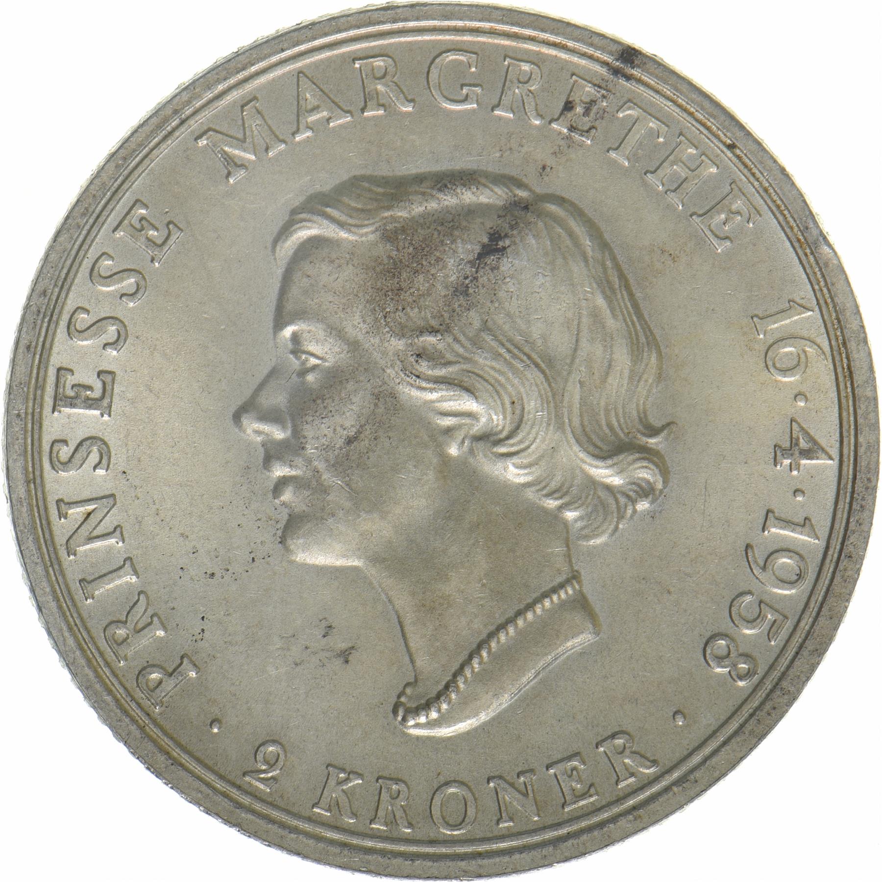 Denmark | 2 Kroner Coin | Silver | Princess Margrethe's 18th Birthday | KM:845 | 1958