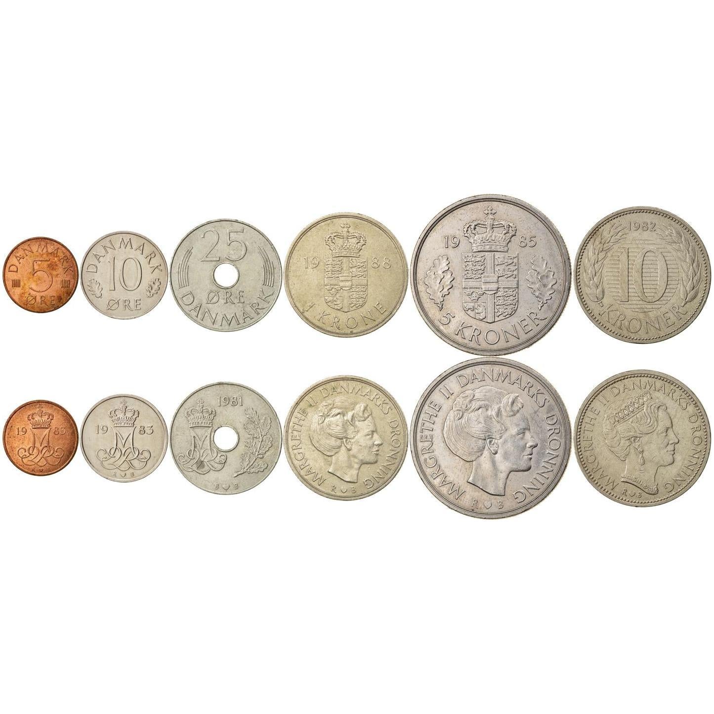 Denmark | 6 Coin Set | 5 10 25 Ore 1 Krone 5 10 Kroner | 1973 - 1989