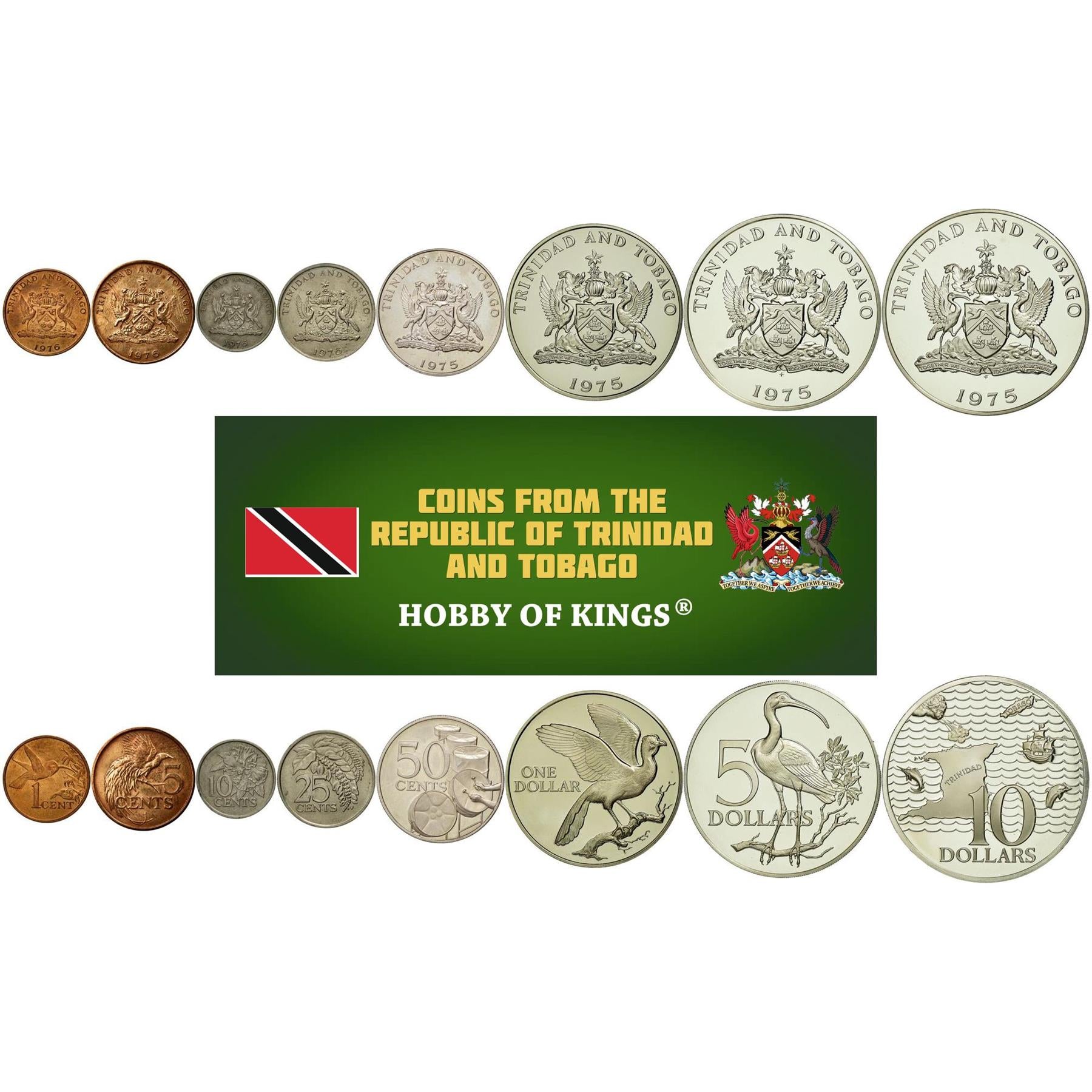 Trinidad and Tobago | 8 Coin Set | 1 Cent 5 10 25 50 Cents 1 Dollar 5 10 Dollars | Hummingbird | Purple Arrowroot | Greater Bird of Paradise | Flaming Hibiscus | Chaconia | Wild Poinsettia | Kettle Drums | Oil Barrels | Rufous-vented Chachalaca | Cocrico