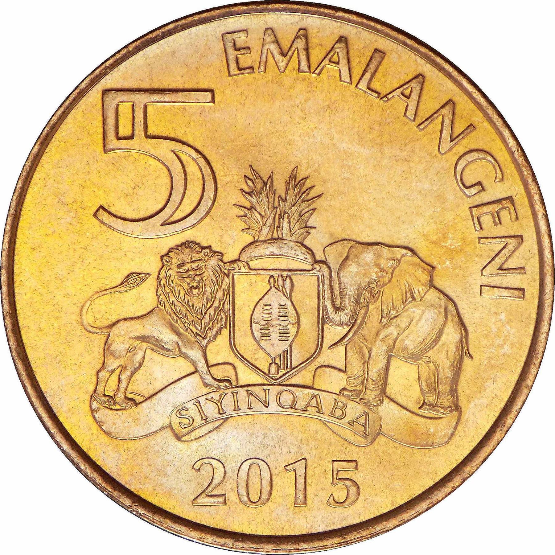 Kingdom of Swaziland | 5 Emalangeni Coin | King Mswati III | Lion | Elephant | KM:68 | 2015