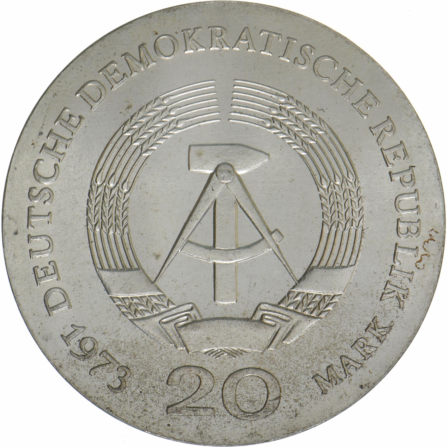 German Democratic Republic | 20 Mark Coin | August Bebel | KM:46 | 1973