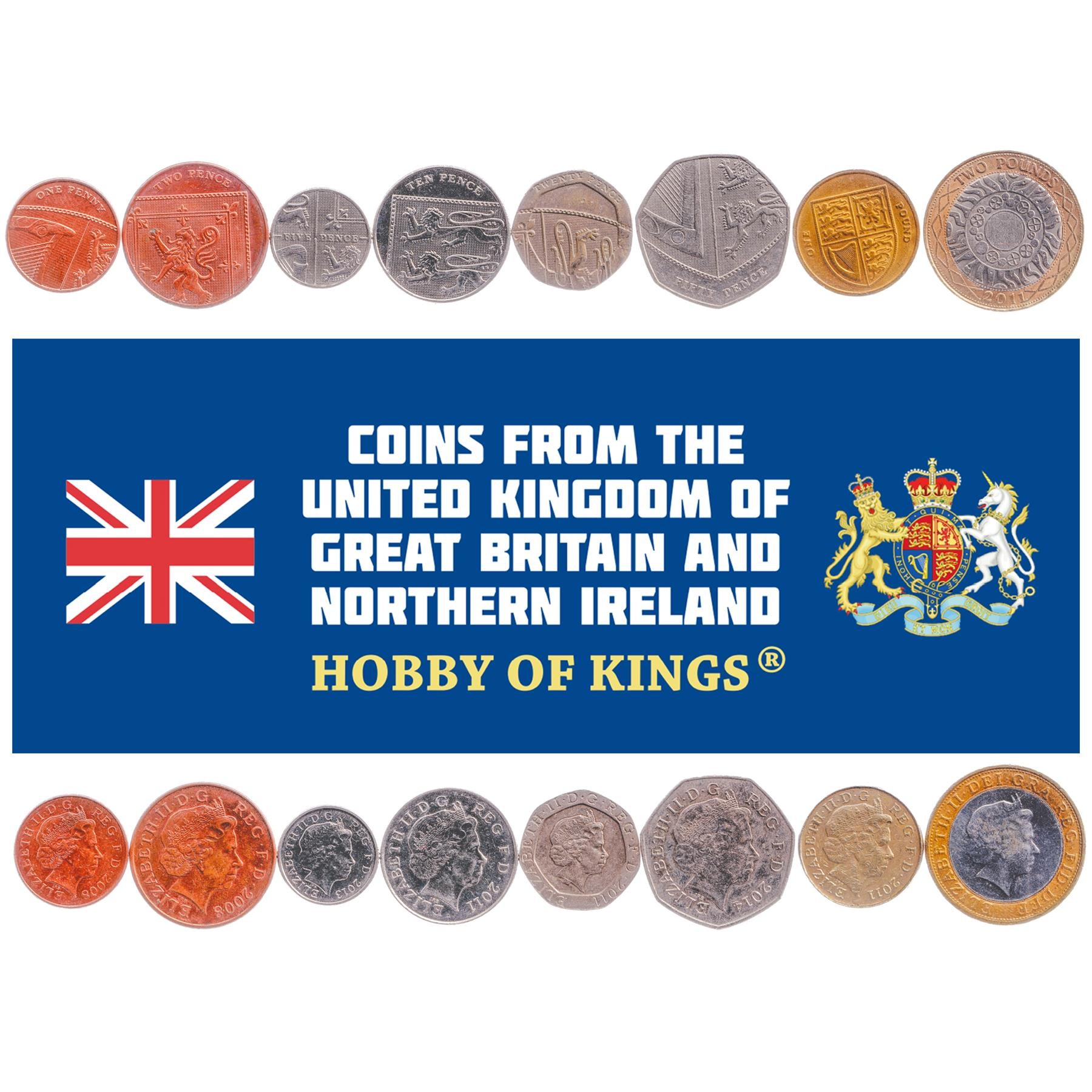 United Kingdom | 8 Coin Set | 1 Penny 2 5 10 20 50 Pence 1 Pound 2 Pounds | 2008 - 2015