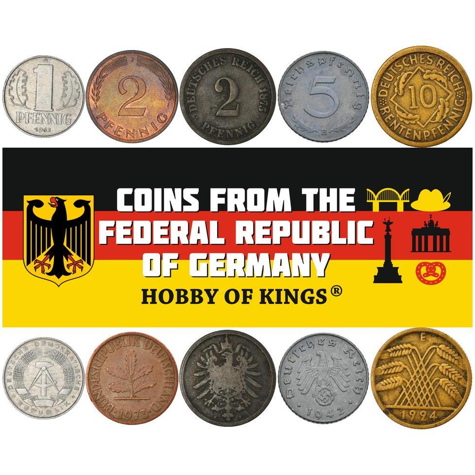 5 Mixed Coins | Federal Republic | East Germany | Third Reich | Weimar Republic | German Empire