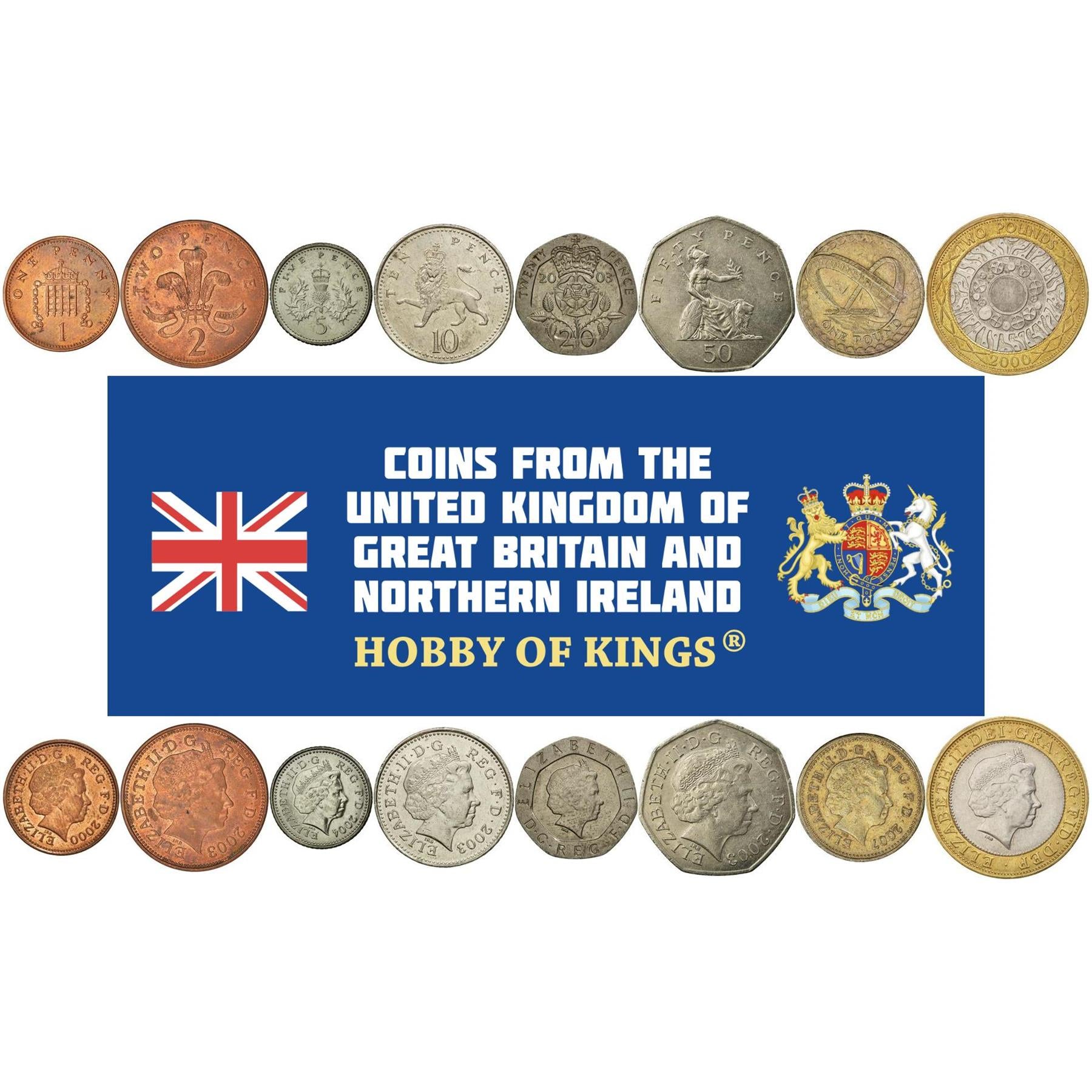 United Kingdom | 8 Coin Set | 1 Penny 2 5 10 20 50 Pence 1 Pound 2 Pounds | 1998 - 2008