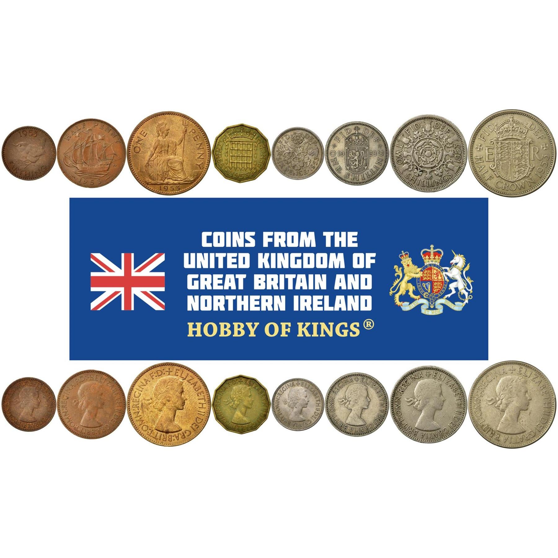 United Kingdom | 8 Coin Set | 1 Farthing 1/2 1 Penny 3 6 Pence 1 Shilling 2 Shillings 1/2 Crown | 1953