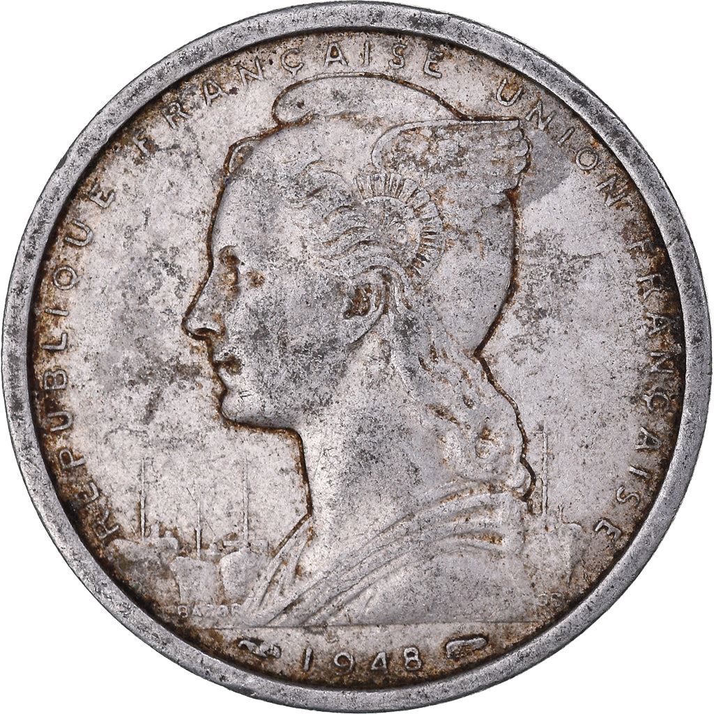 French Cameroon | 2 Francs Coin | Liberty | Phrygian cap | Gazelle | Ships | Km:9 | 1948