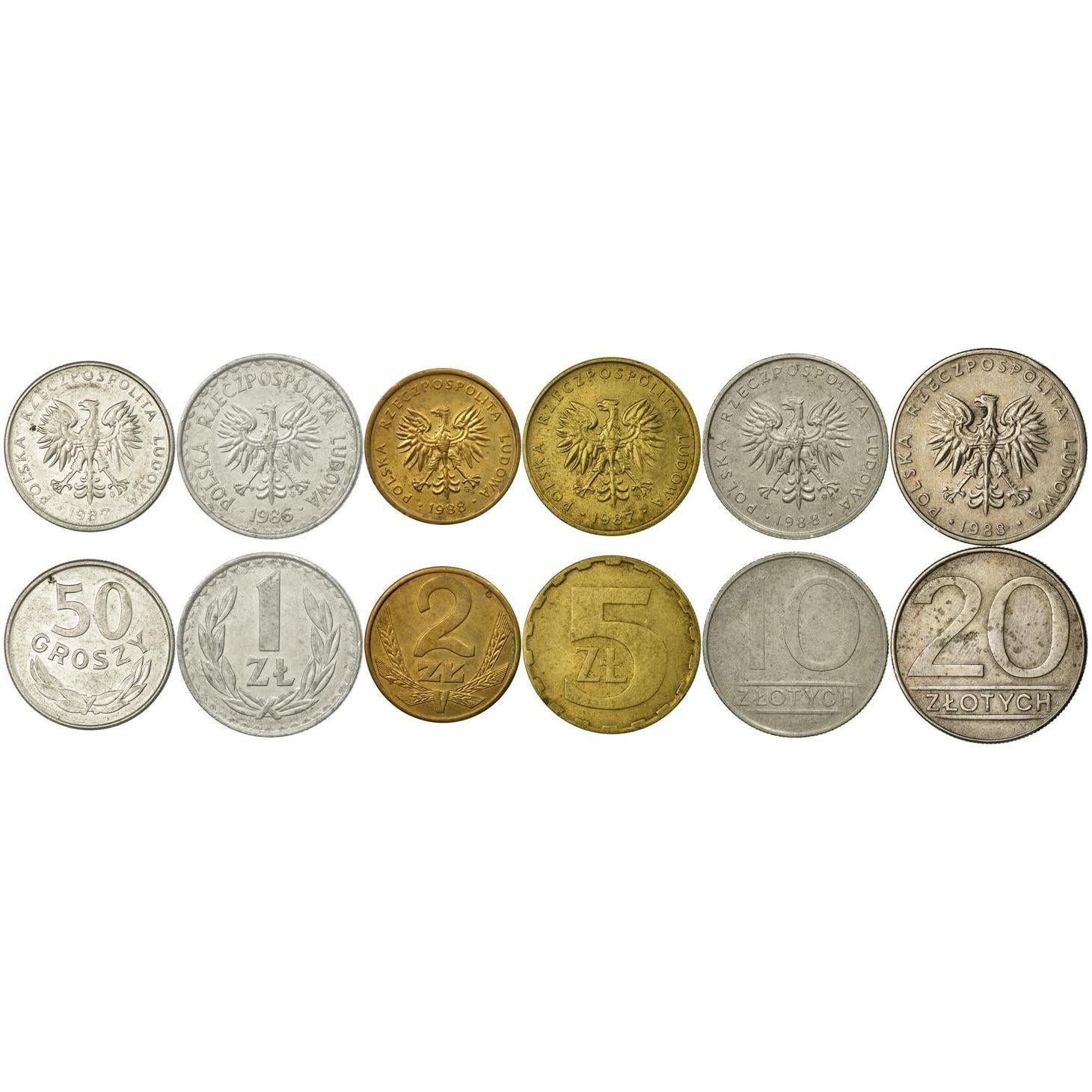 Polish 6 Coin Set 50 Grosz 1 2 5 10 20 Złoty | White Crowned Eagle | Poland | 1984 - 1988
