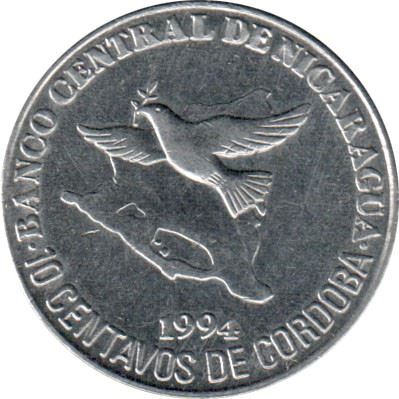 Nicaragua Coin Nicaraguan 10 Centavos Coin | Peace Dove | Map | KM81 | 1994