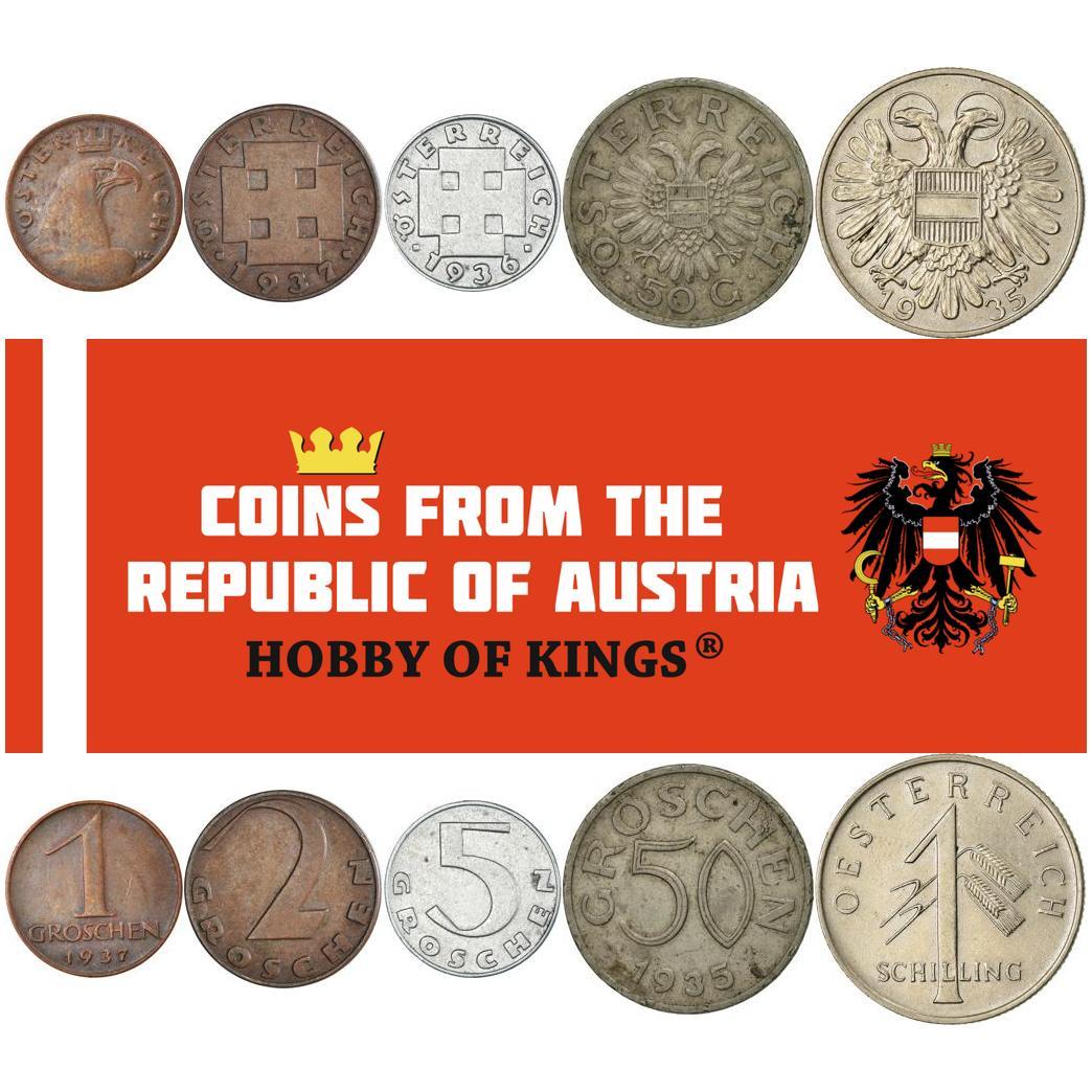 Austria | Juego de 5 Monedas | 1 2 5 50 Groschen 1 Schilling | Águila Coronada | Cruz Potente | Escudo Austríaco | 1934 - 1938