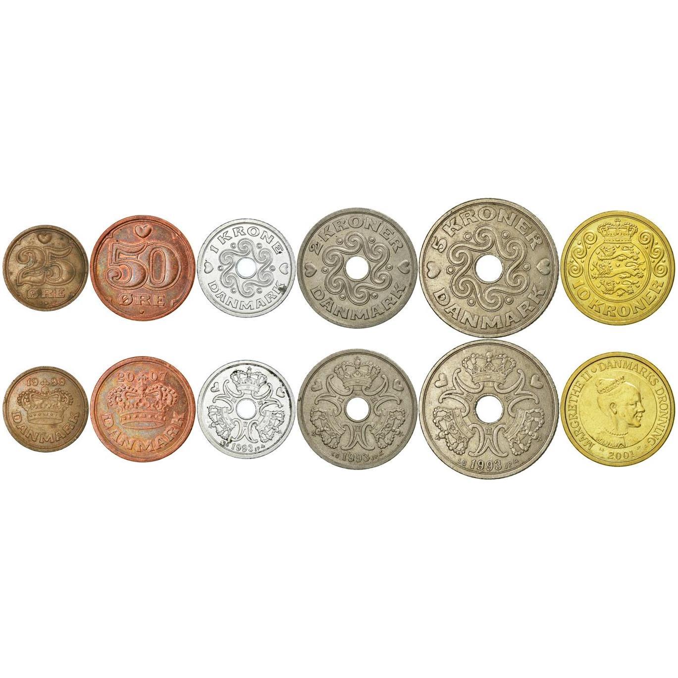 Denmark | 6 Coin Set | 25 50 Ore 1 Krone 2 5 10 Kroner | 1989 - 2021