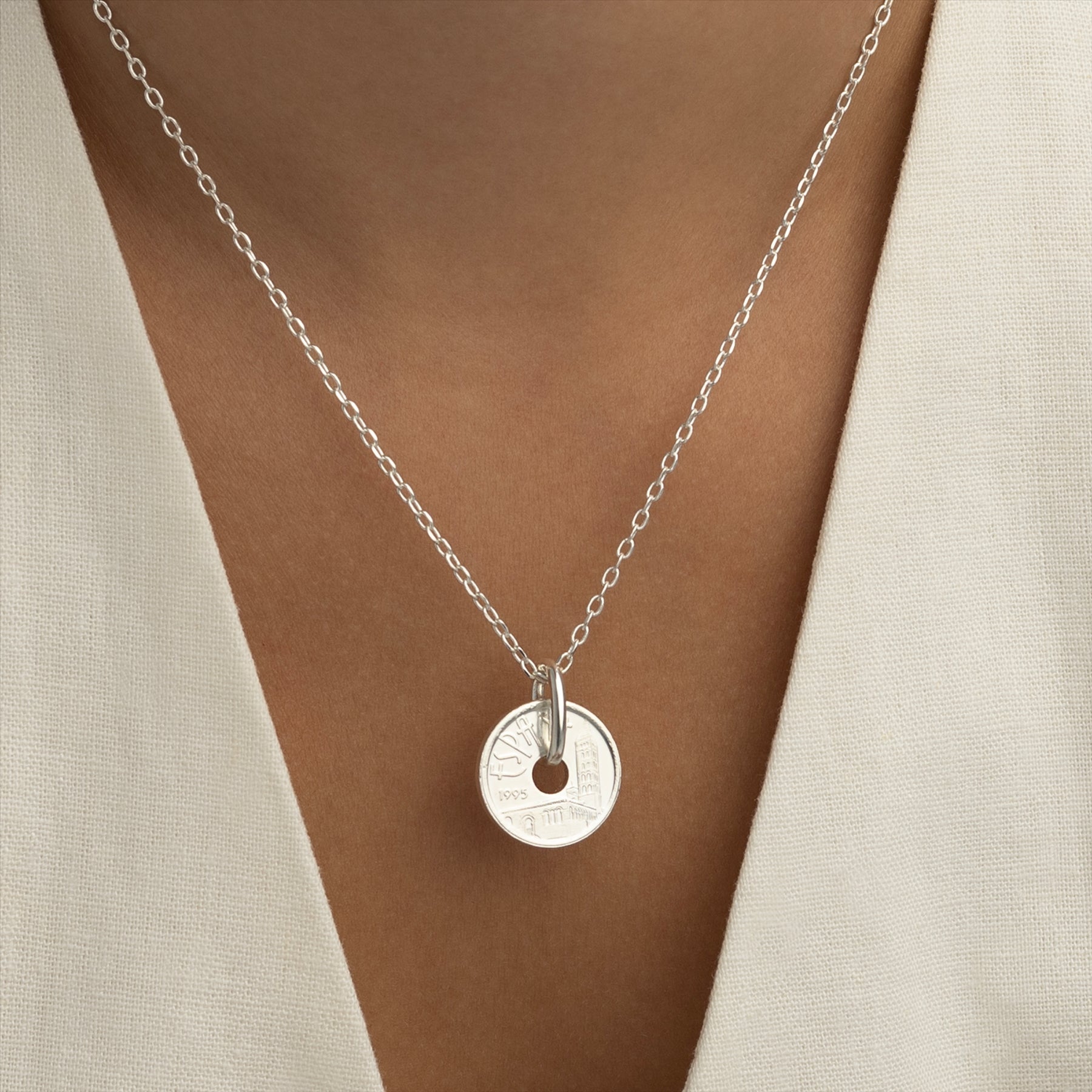 Spanish Coin Necklace | Medallion Pendant Jewelry | Rhodium Plated 5 Pesetas | Castile and Leon | 1995