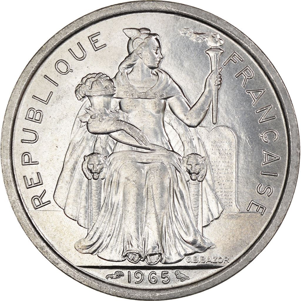 French Polynesia 2 Francs Coin | Liberty Sitting | Throne | Palm Tree | Sailboat | KM3 | 1965