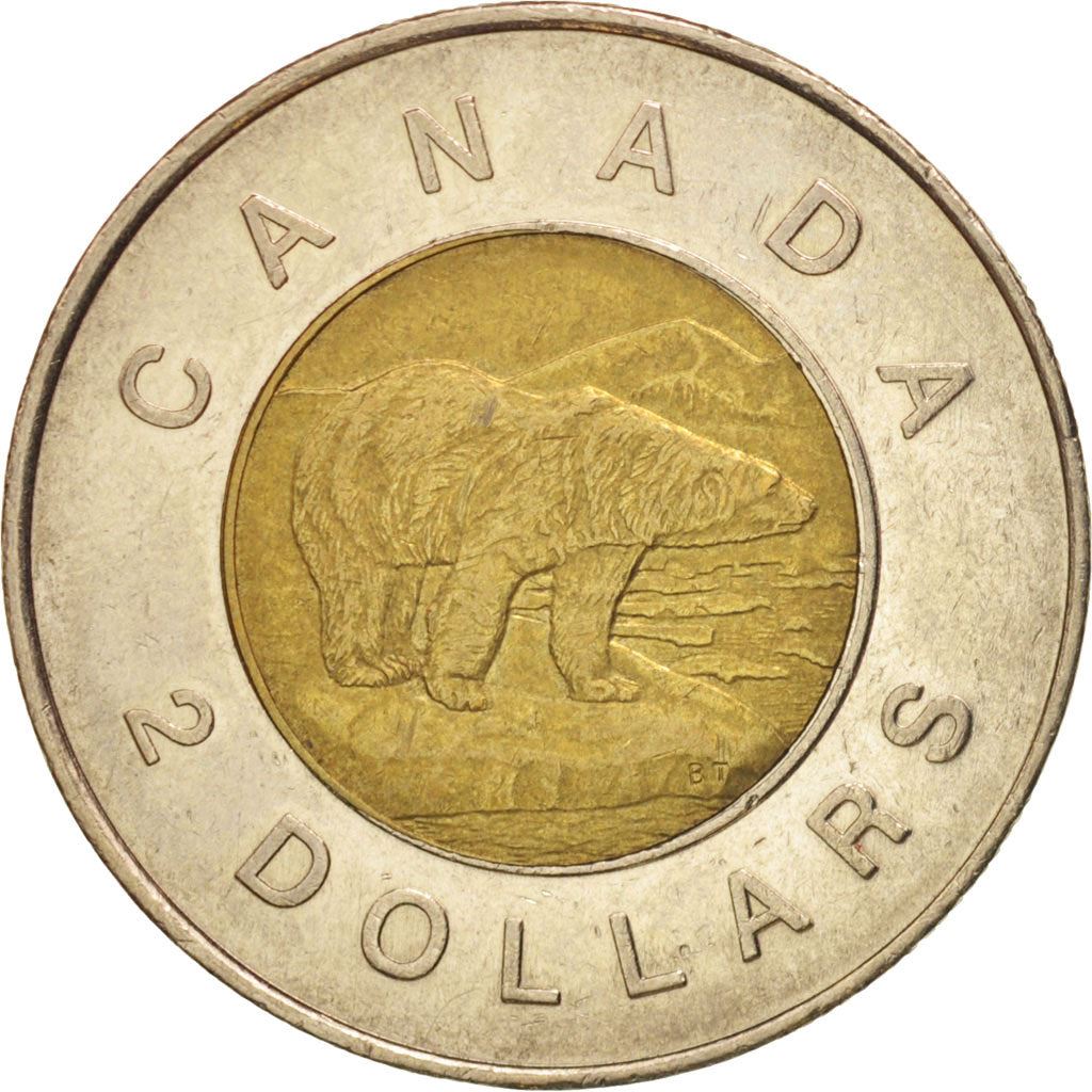 Canada | 2 Dollars Coin | Aluminium bronze center in nickel ring | 3rd portrait; Maple leaf logo | KM:270 | 1996-2003