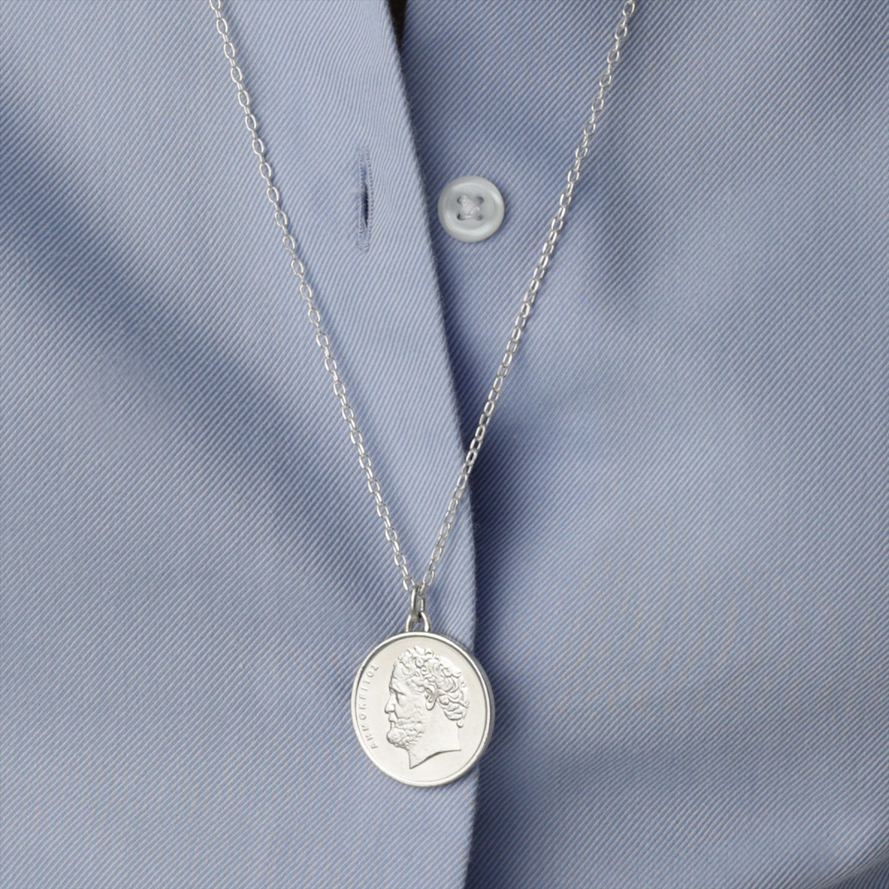Greek Coin Necklace | Medallion Pendant Jewelry | Rhodium Plated 10 Drachmes | Democritus | 1976 - 2000