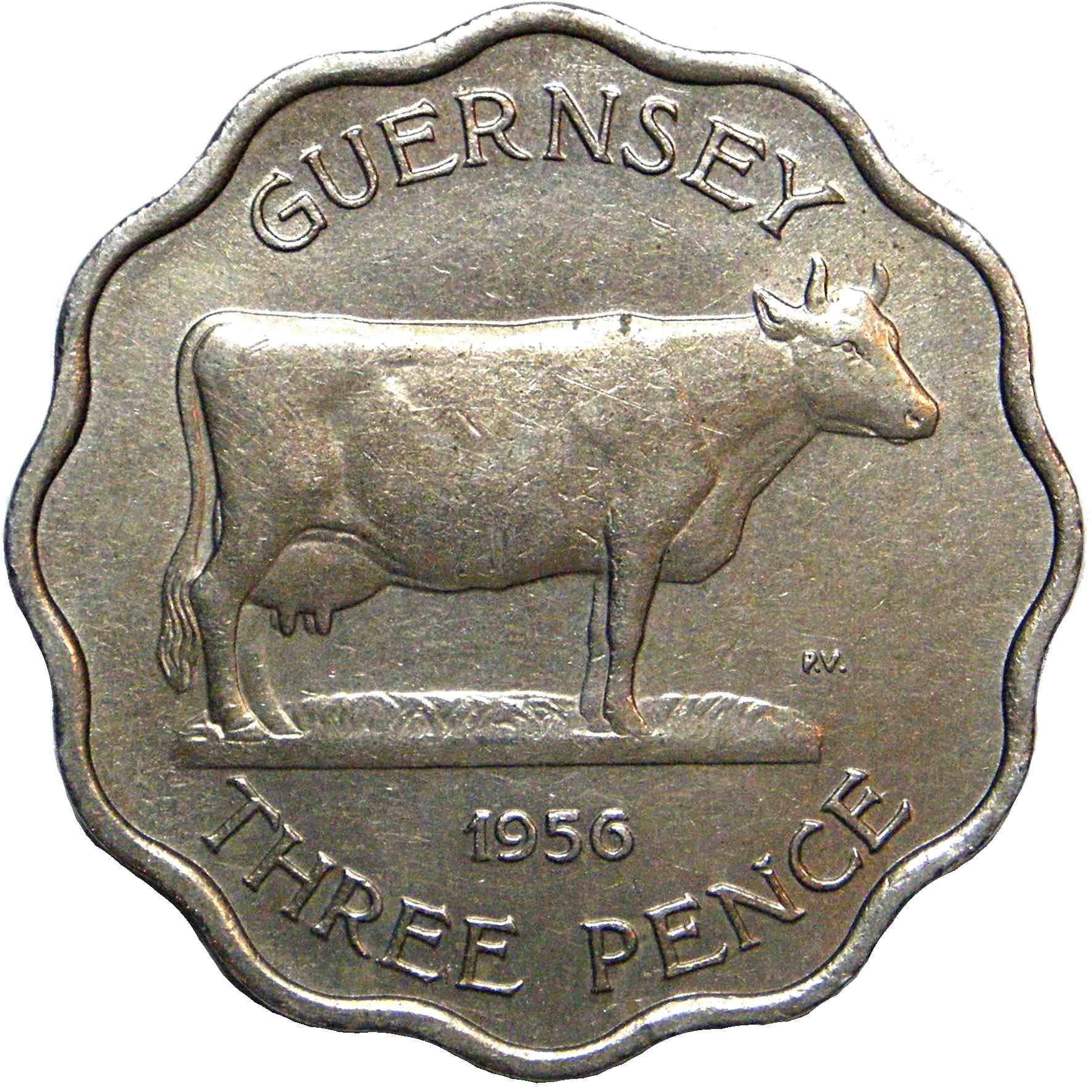 Guernsey 3 Pence Coin | Queen Elizabeth II | Guernsey Cattle | KM17 | 1956