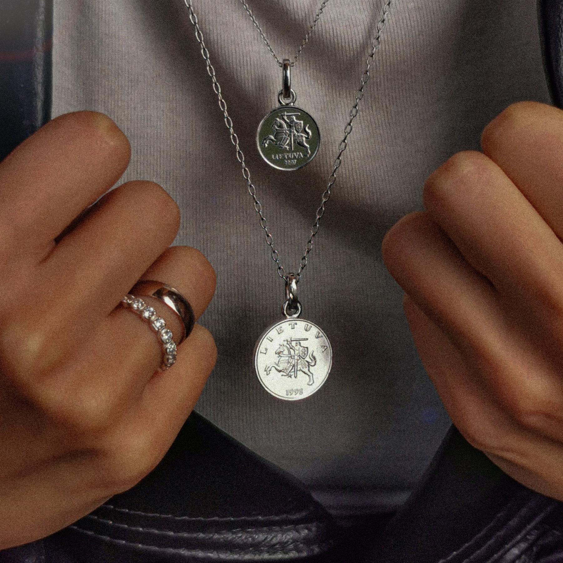 Lithuanian 1 Litas Coin Charm | 925 Sterling Silver Rhodium Plated | 1998 - 2014