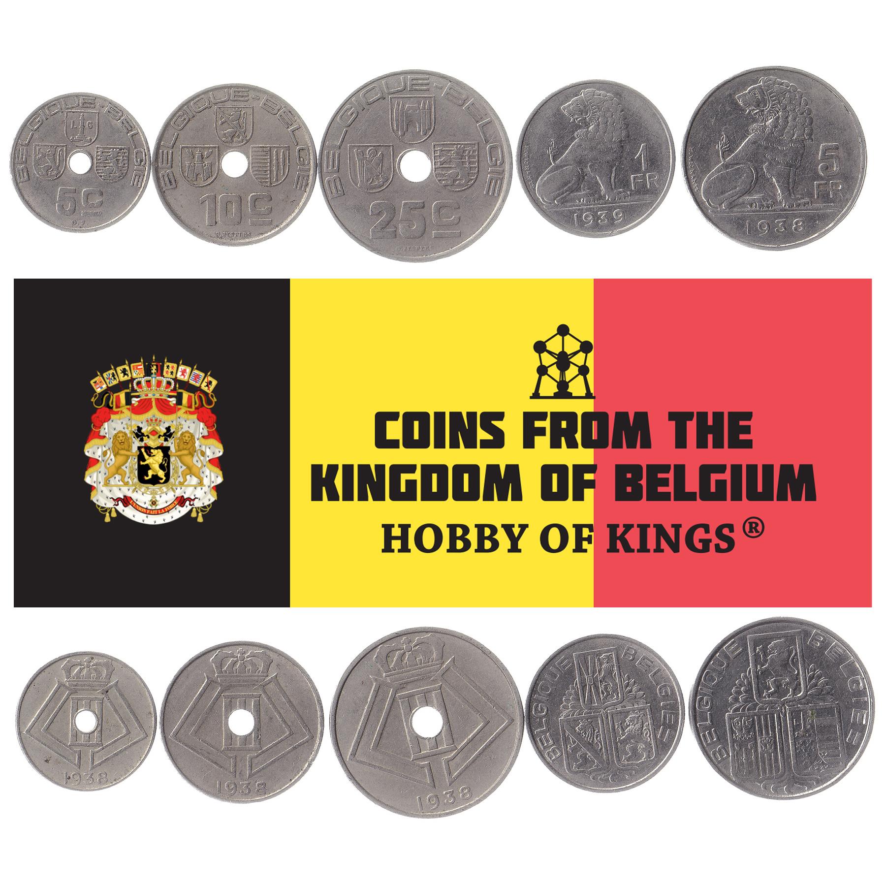 Belgijos 5 monetų rinkinys 5 10 25 centų 1 5 frankų | Alyvmedžio šakelė | Liūtas | Žvaigždė | Konstitucija | Eglė | Ąžuolo šakelė | 1936 - 1940