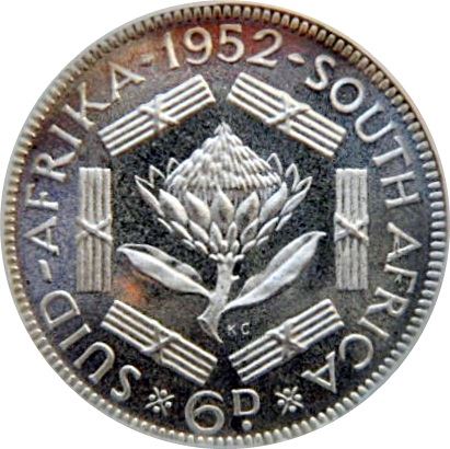 South Africa | 6 Pence Coin | George VI | Flowers | Protea | Km:36.2 | 1951 - 1952