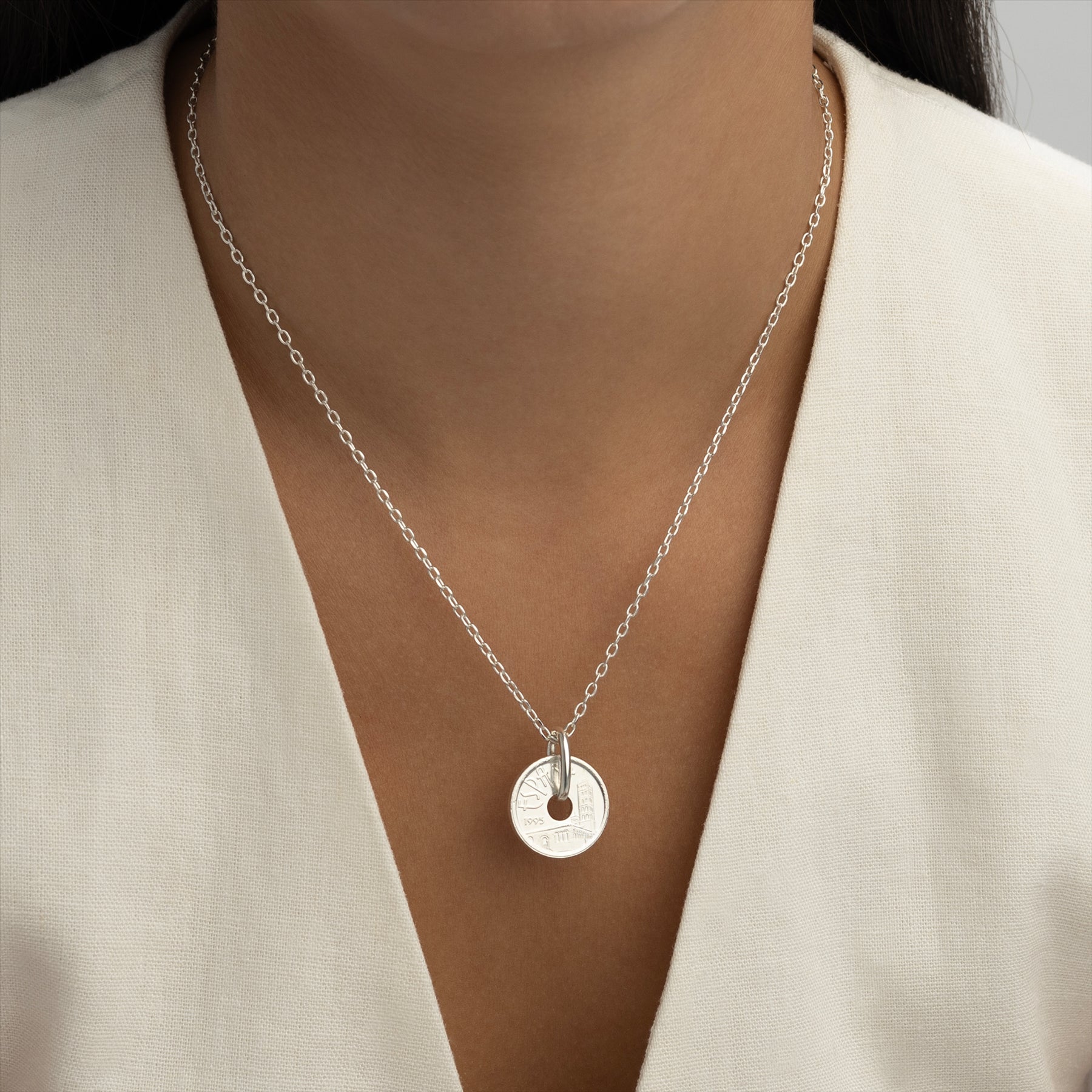Spanish Coin Necklace | Medallion Pendant Jewelry | Rhodium Plated 5 Pesetas | Castile and Leon | 1995