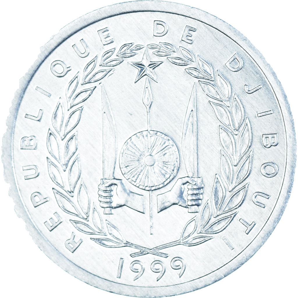 Djibouti | 1 Franc Coin | Knife | Spear | Shield | Waterbuck | Km:20 | 1977 - 1999