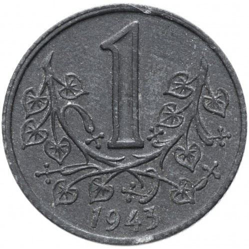 Bohemia and Moravia 1 Koruna Coin | Lion | Linden Branch | 1941 - 1944