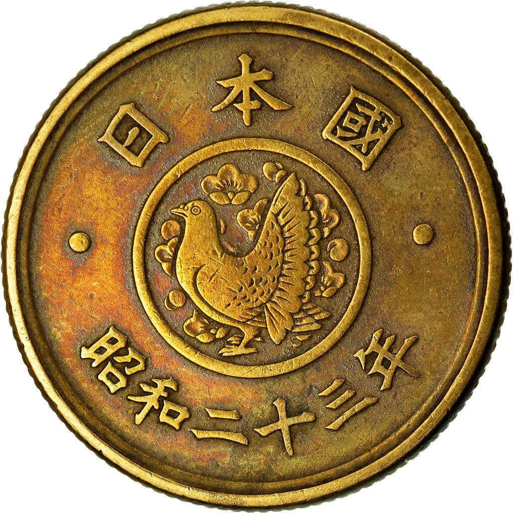 Japan | 5 Yen Coin | Pigeon | National Diet Building | Wreath | Y:71, Jnda:02-10, Schön:47 | 1948 - 1949