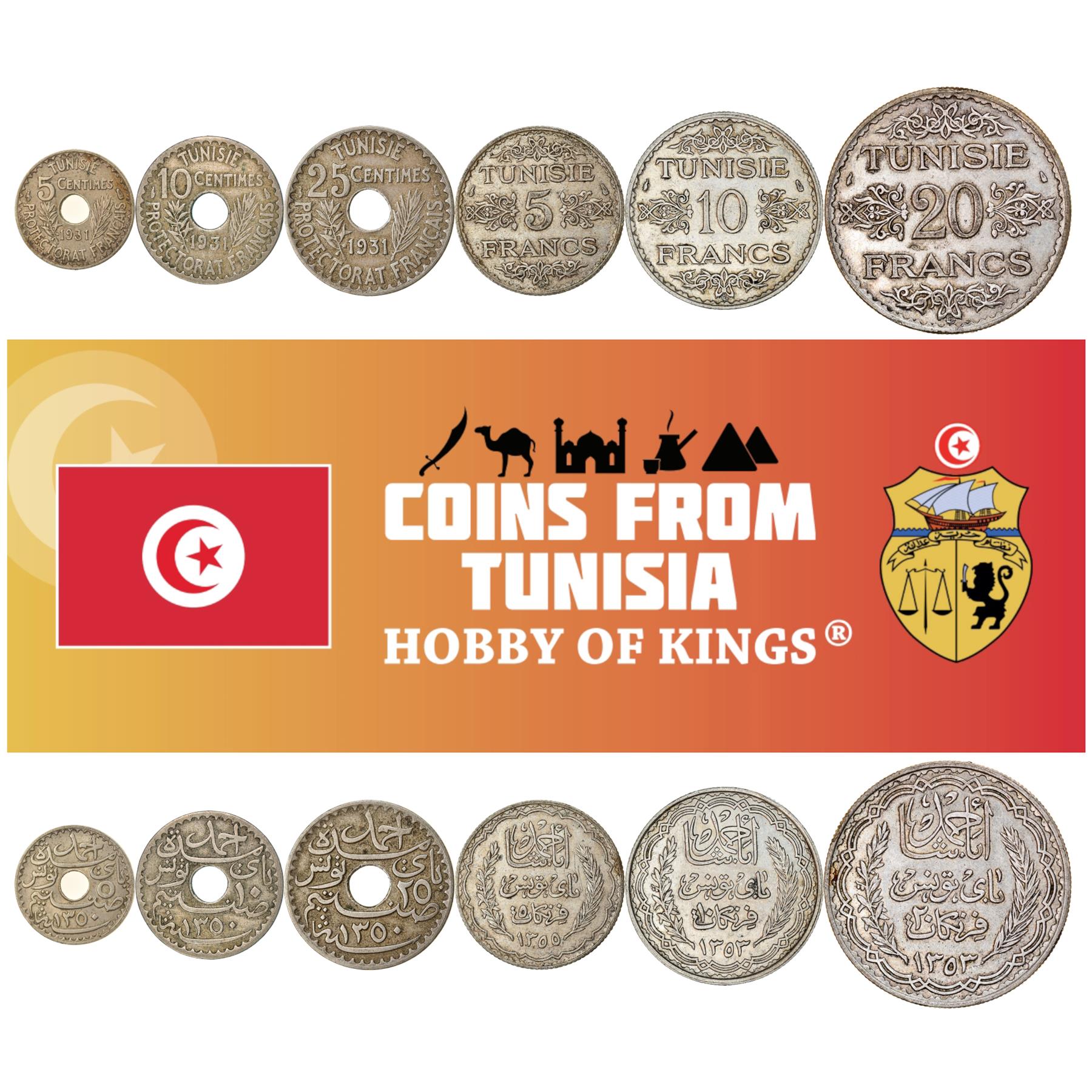 Tunisian 6 Coin Set 5 10 25 Centimes 5 10 20 Francs | Tunisia | 1931 - 1939