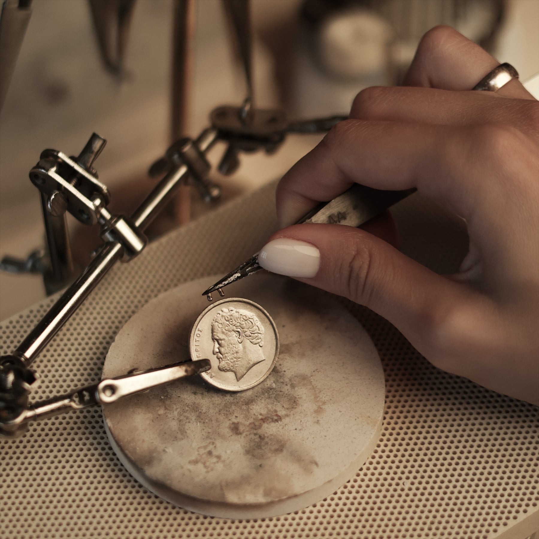 Greek Coin Necklace | Medallion Pendant Jewelry | Rhodium Plated 10 Drachmes | Democritus | 1976 - 2000