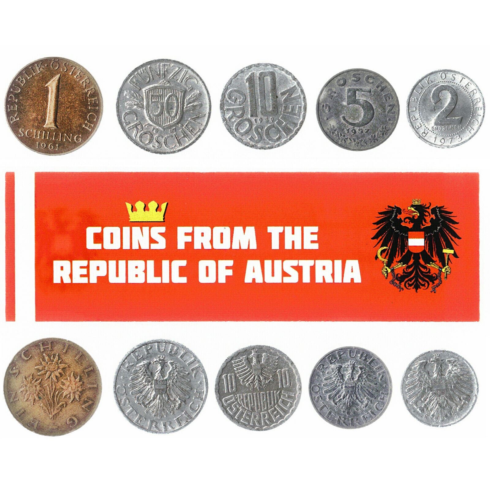 5 Austrian Coins Old Collectible Currency Groschen Schilling 1945-2001