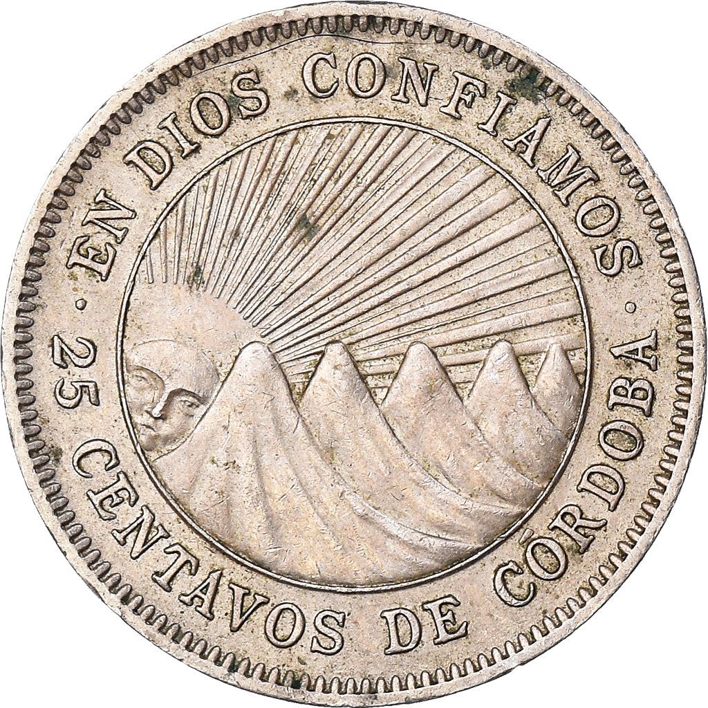 Nicaragua | 25 Centavos Coin | Explorer | Sun | Volcanos | Km:18.1 | 1939 - 1956