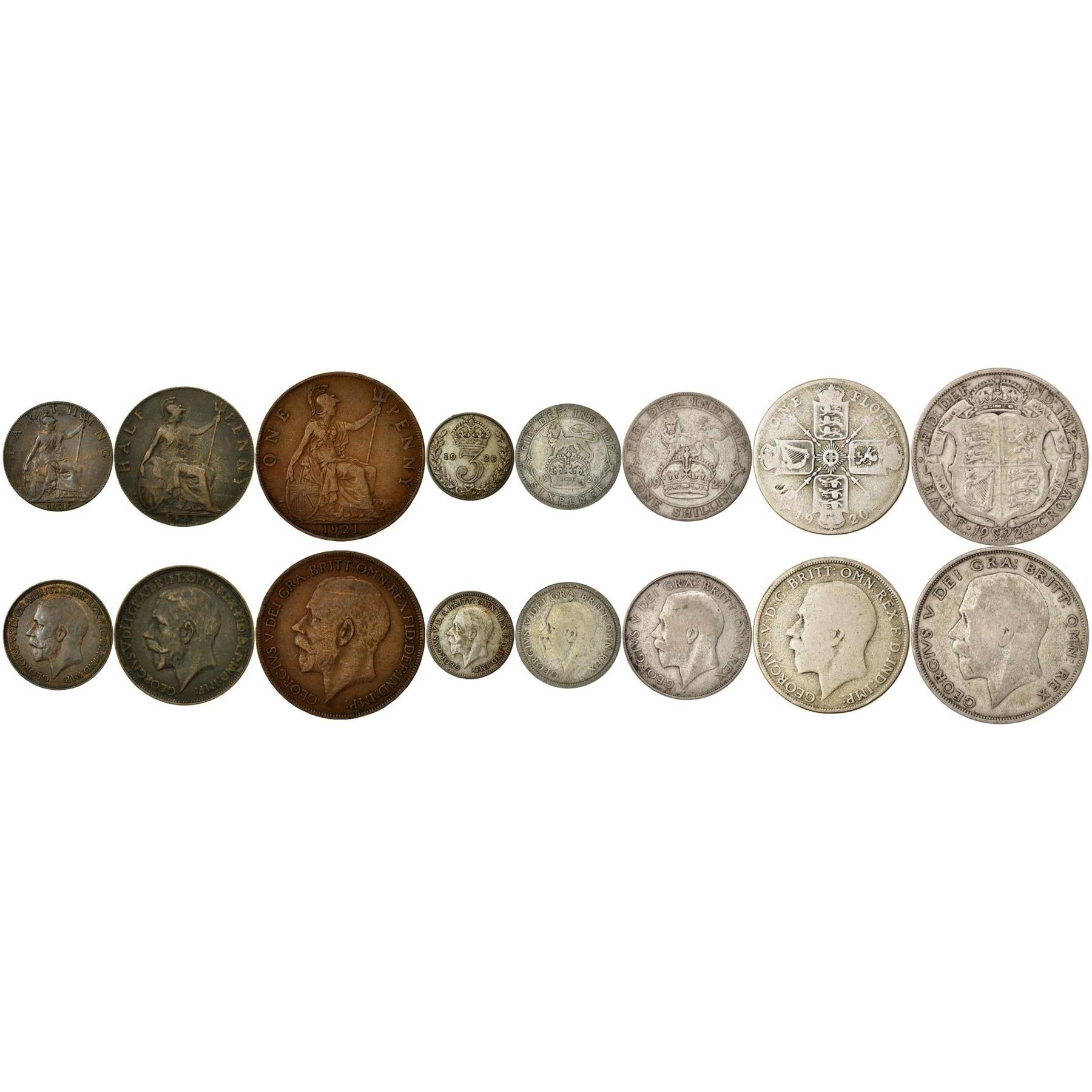United Kingdom | 8 Coin Set | 1 Farthing 1/2 1 Penny 3 6 Pence 1 Shilling 1 Florin 1/2 Crown | 1920 - 1927