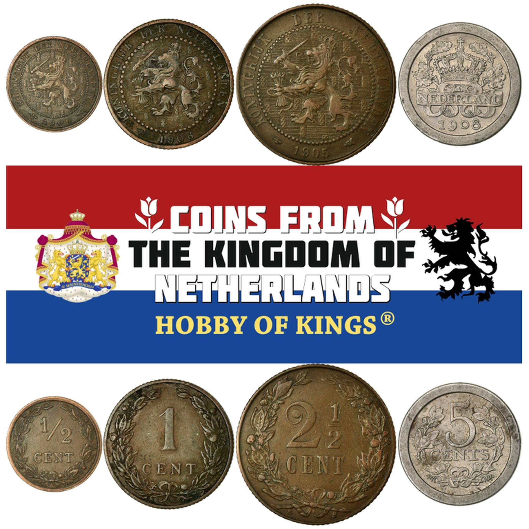 Niederlande | 4-Münzen-Set | ½ 1 Cent 2½ 5 Cent | 1902–1909 | Bronze, Kupfer-Nickel
