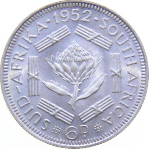 South Africa | 6 Pence Coin | George VI | Flowers | Protea | Km:36.2 | 1951 - 1952