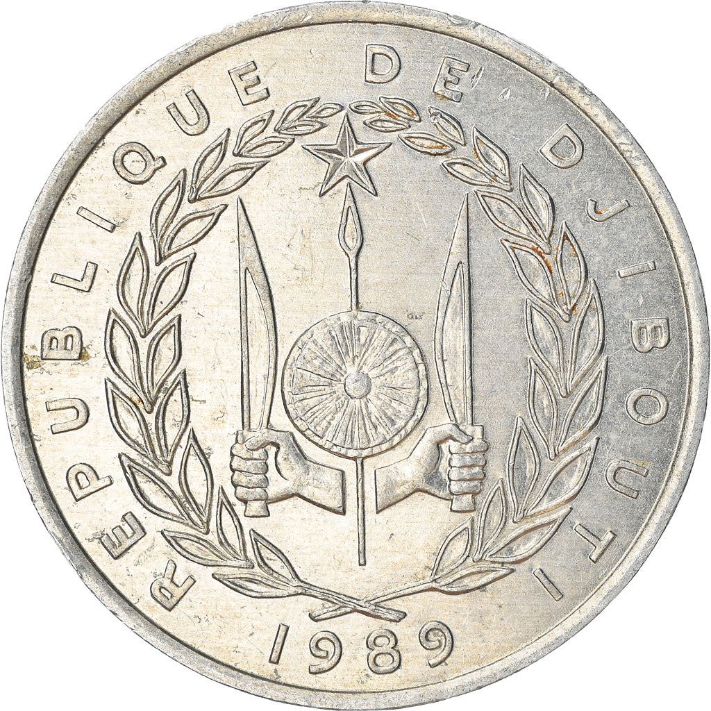 Djibouti | 5 Francs Coin | Knife | Spear | Shield | Waterbuck | Km:22 | 1977 - 1999