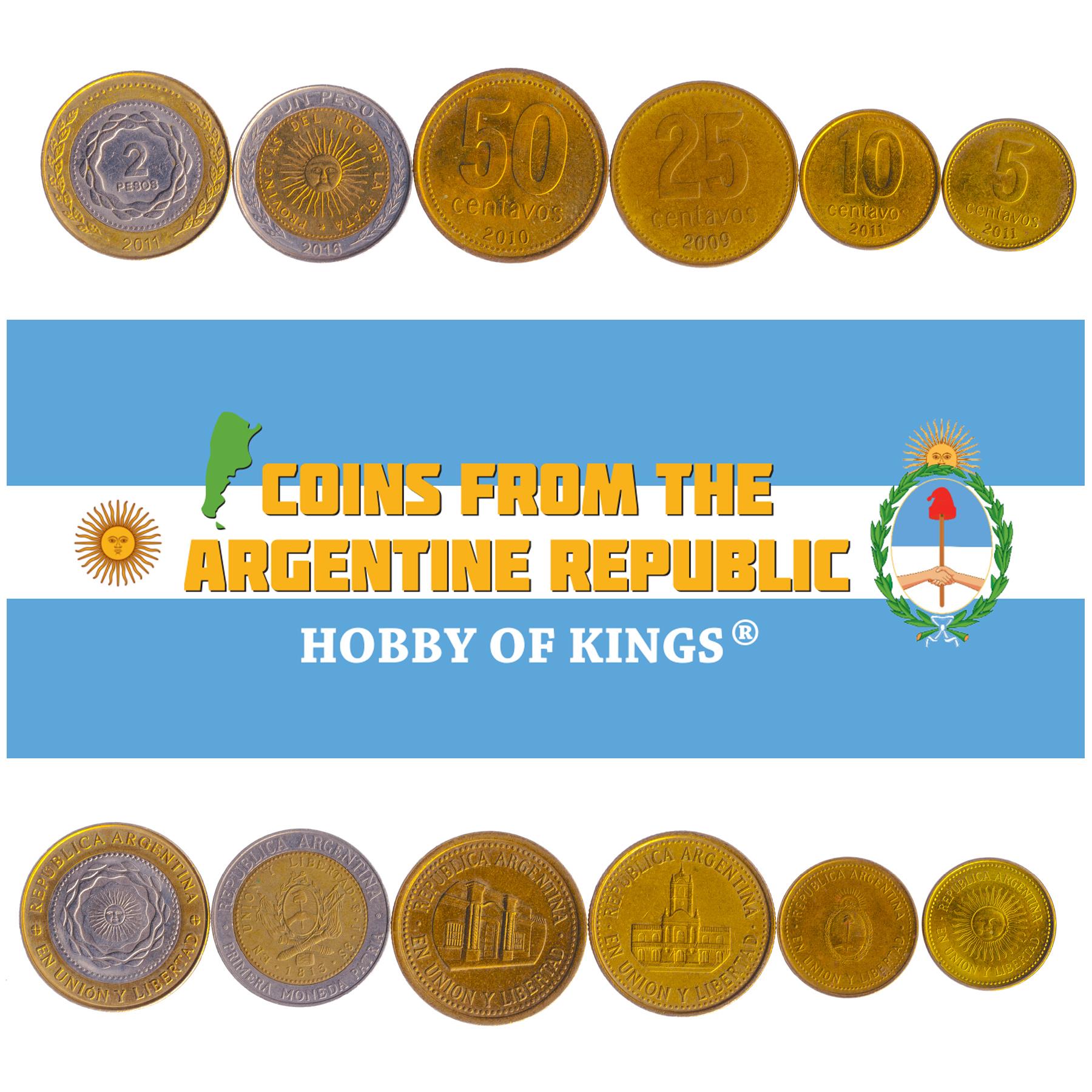 Argentina | 6 Coin Set | 5 10 25 50 Centavos 1 Peso 2 Pesos | 2006 - 2016