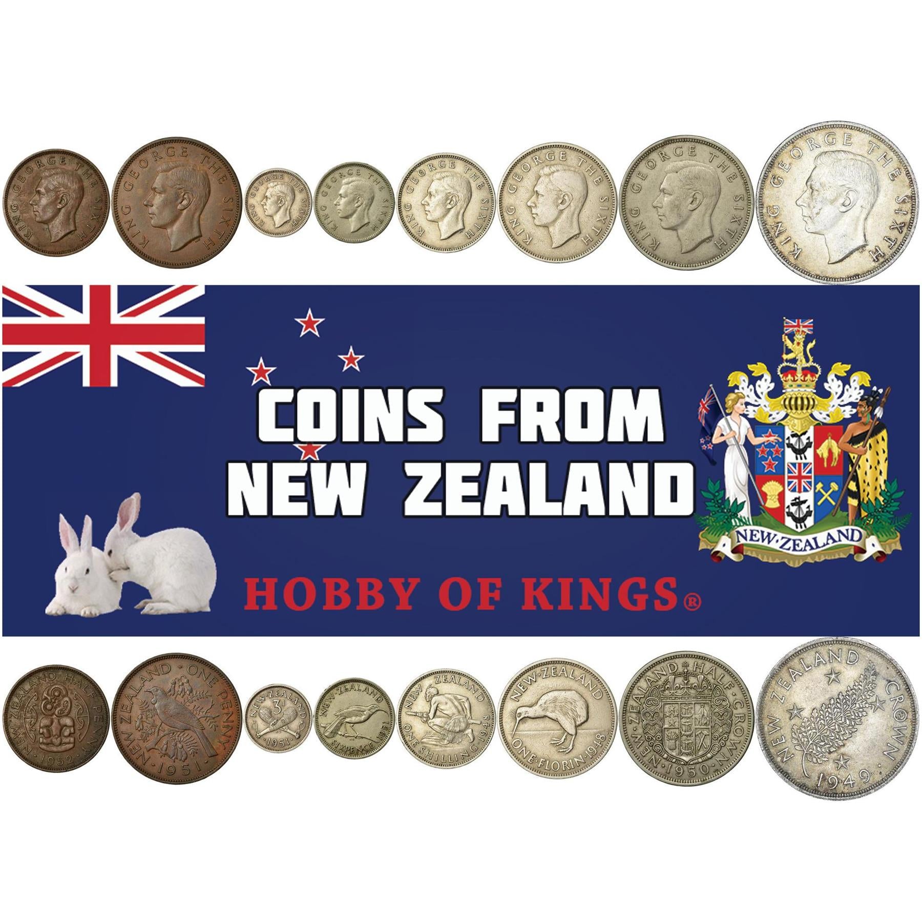 Neuseeland | 8 Münzsatz | 1/2 1 Penny 3 6 Pence 1 Schilling 1 Florin 1/2 1 Krone | 1948 - 1952
