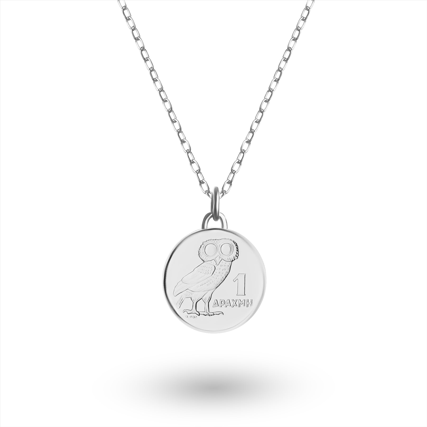 Rhodium Plated Genuine Greek 1 Drachma Coin Necklace | Medallion | Owl | 1973
