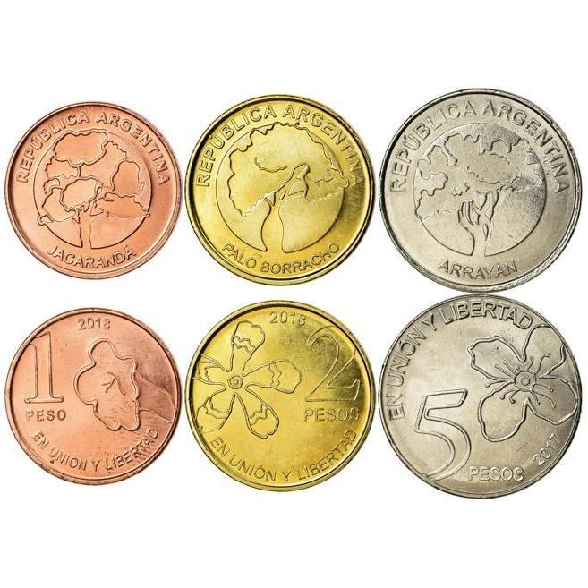 Argentine 3 Coin Set 1 5 10 Pesos | Jacaranda | Jacaranda | Caldenia | Arrayán | 2017 - 2020