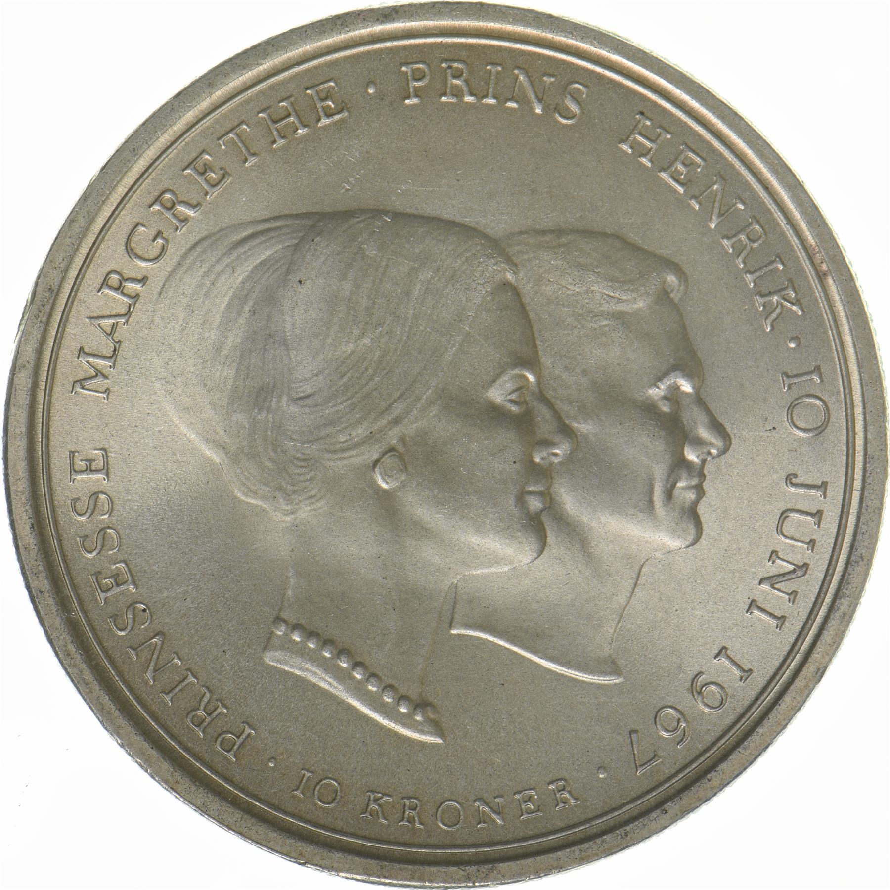 Denmark | 10 Kroner Coin | Silver | Wedding of Princess Margrethe | KM:856 | 1967