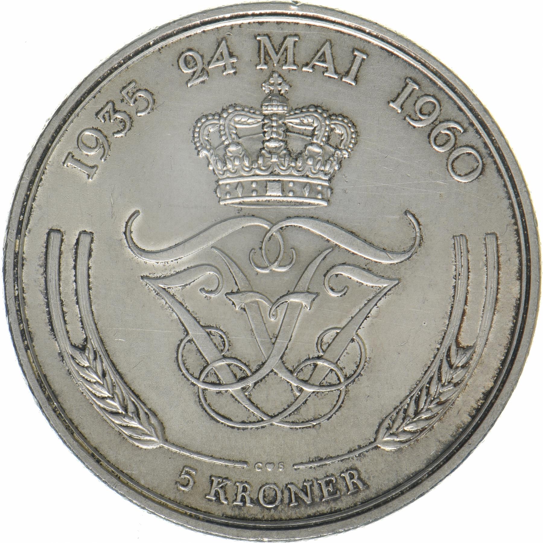 Denmark | 5 Kroner Coin | Silver | Silver Wedding Anniversary | KM:852 | 1960