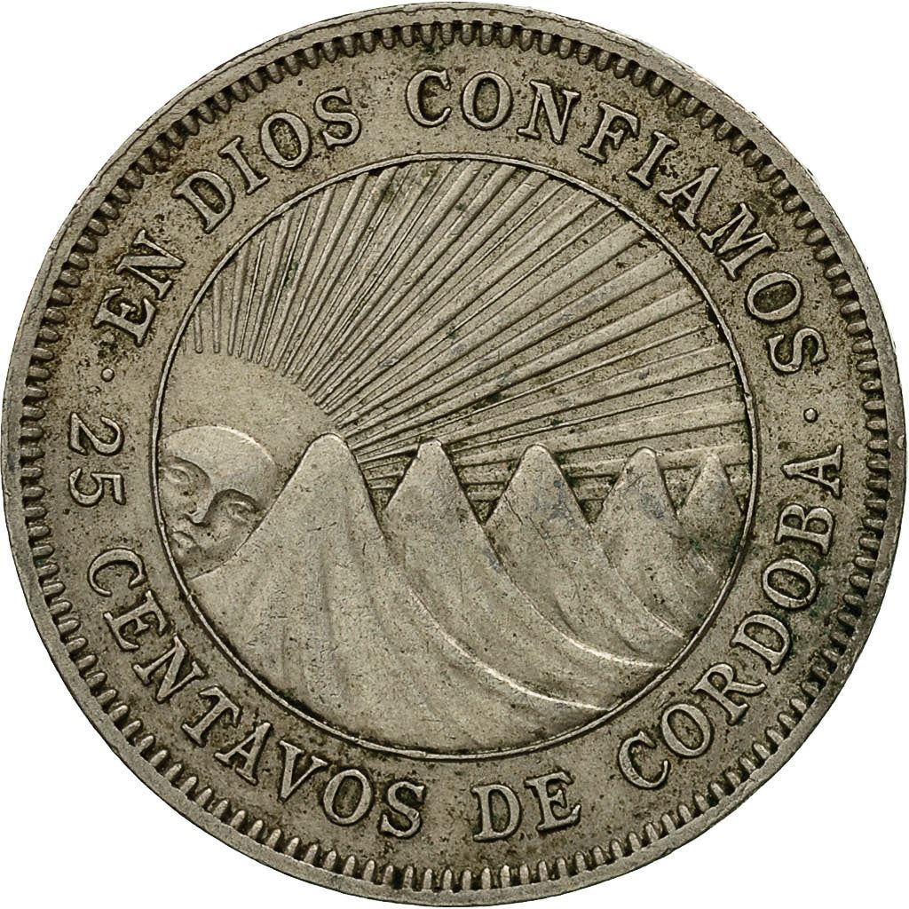 Nicaragua | 25 Centavos Coin | Explorer | Sun | Volcanos | Km:18.1 | 1939 - 1956