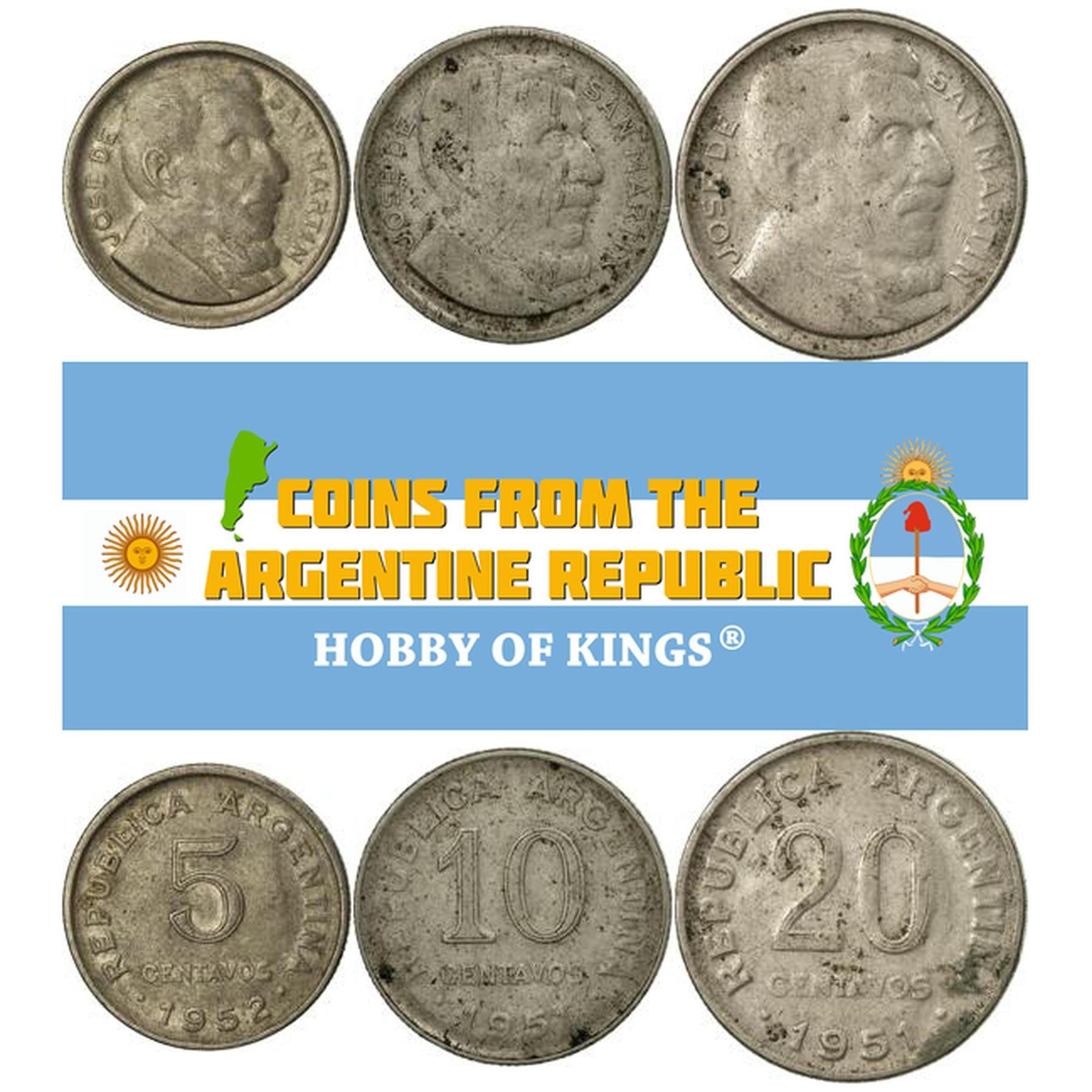 Argentine 3 Coin Set 5 10 20 Centavos | José de San Martín | 1951 - 1953
