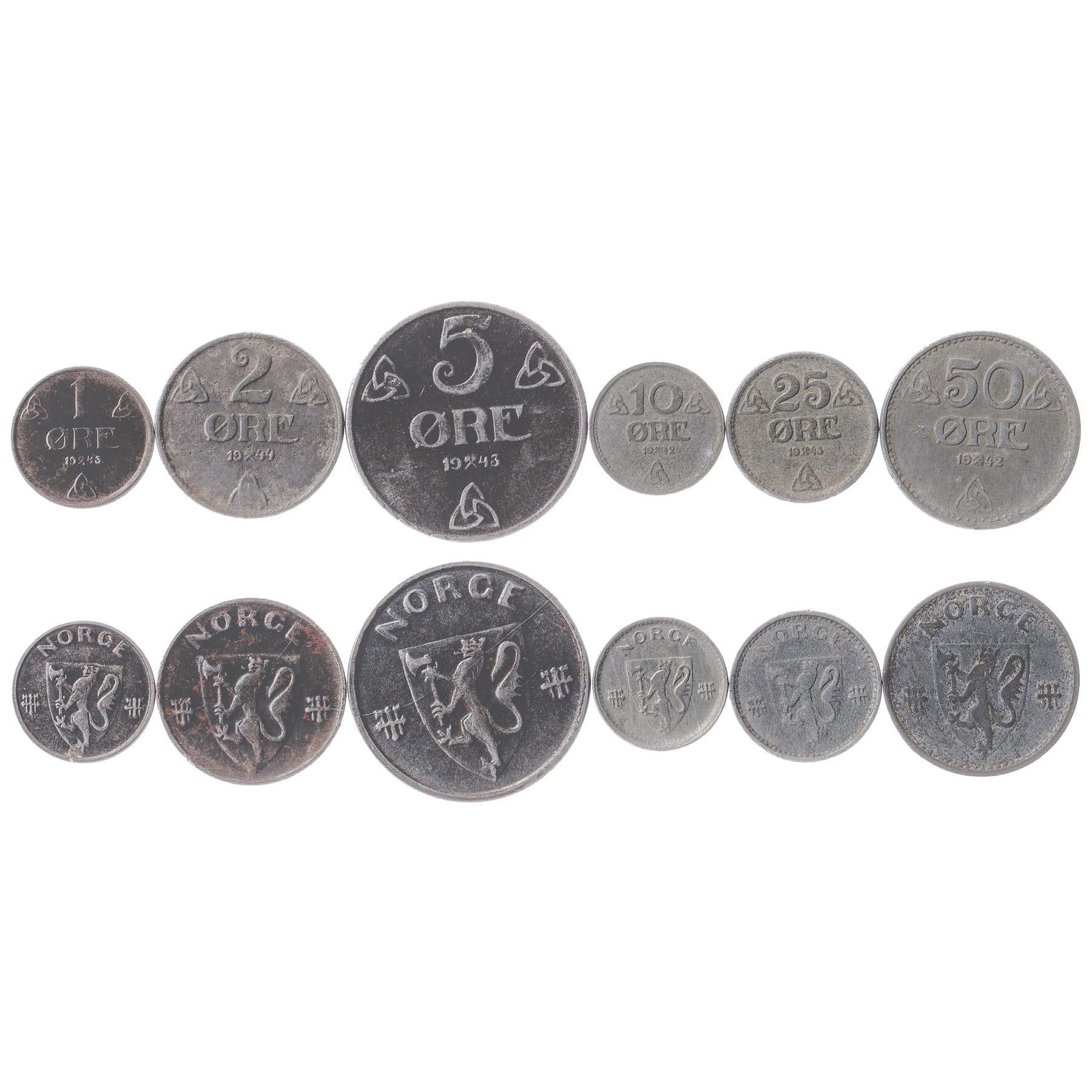Conjunto de 6 Moedas Norueguesas 1 2 5 10 25 50 Øre | Leão-norueguês | Noruega | 1941 - 1945