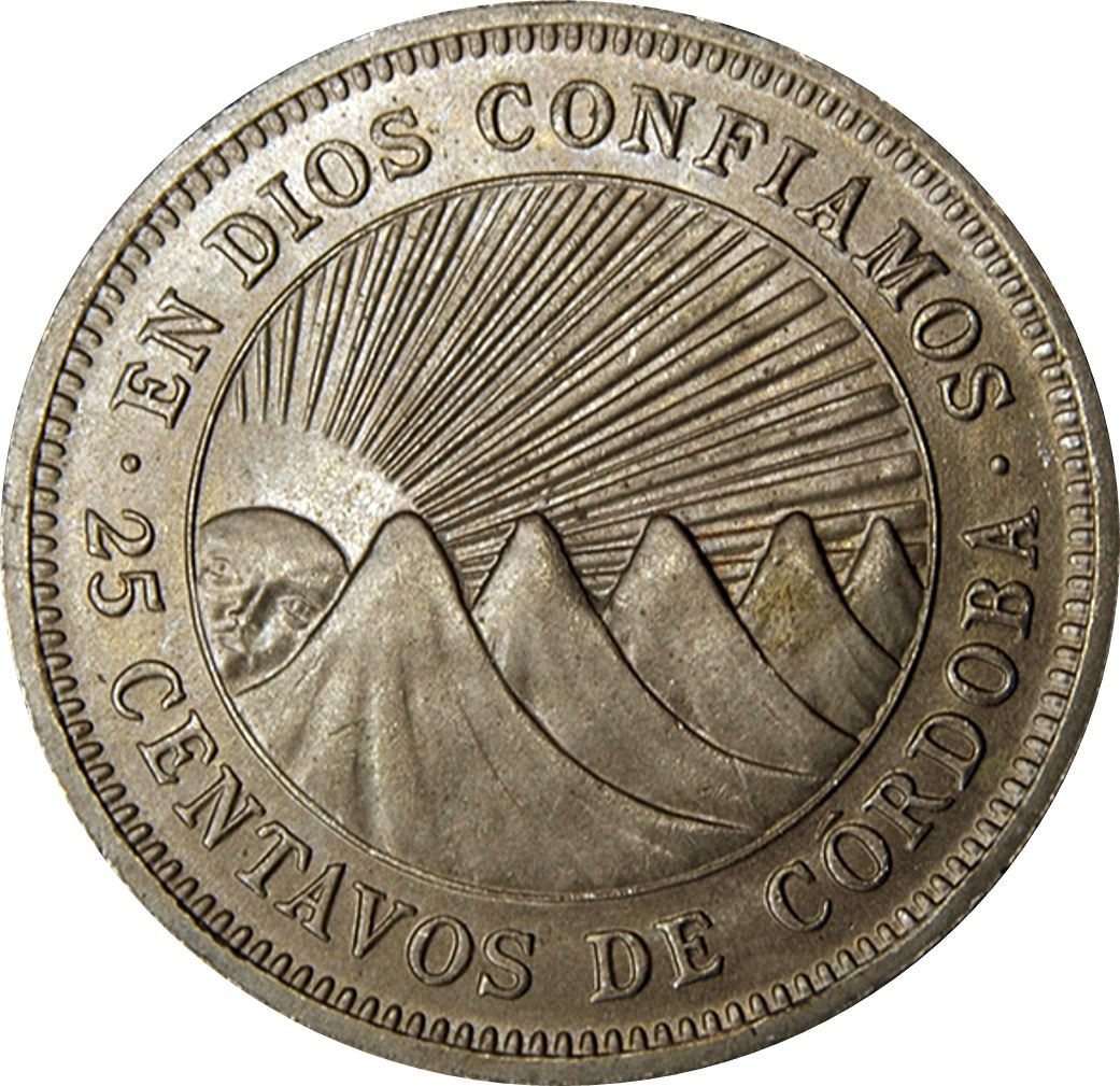 Nicaragua Coin Nicaraguan 25 Centavos Coin | Francisco Hernandez de Cordoba | Volcanoe | KM18 | 1939 - 1974
