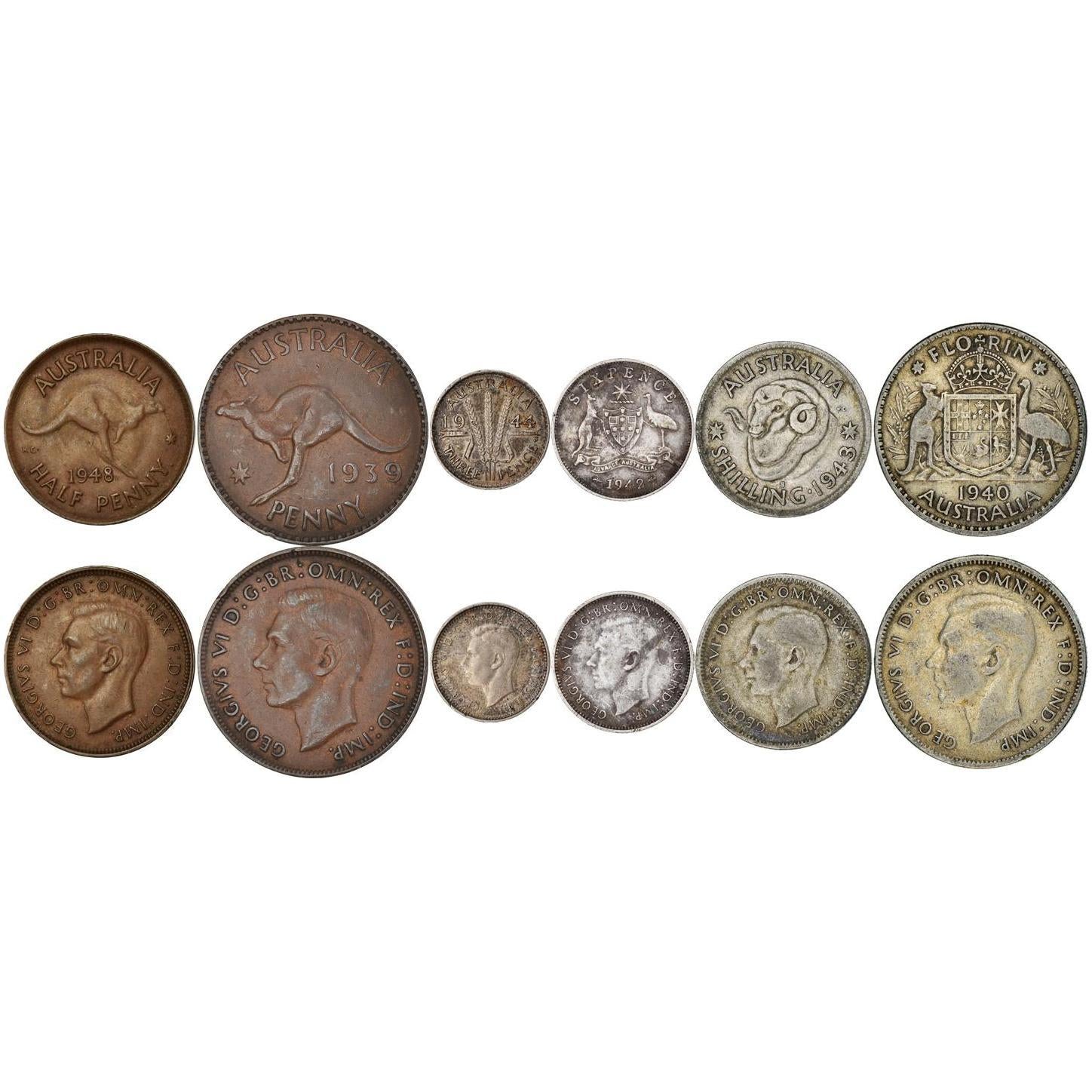 Australia | 6 Coin Set | 1/2 1 Penny 3 6 Pence 1 Shilling 1 Florin | 1938 - 1948